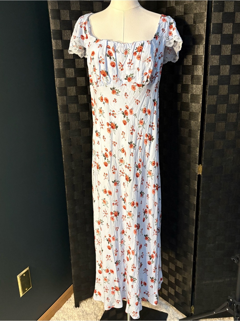 Cottagecore Light Blue Floral Maxi Dress Lace Trim Short Sleeves - Picture 2 of 5
